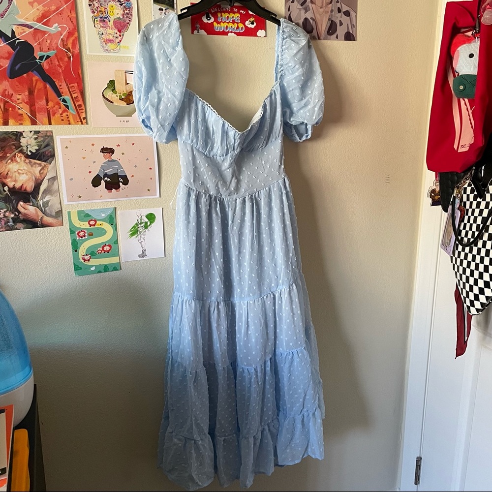 shein cottagecore milkmaid blue midi dress